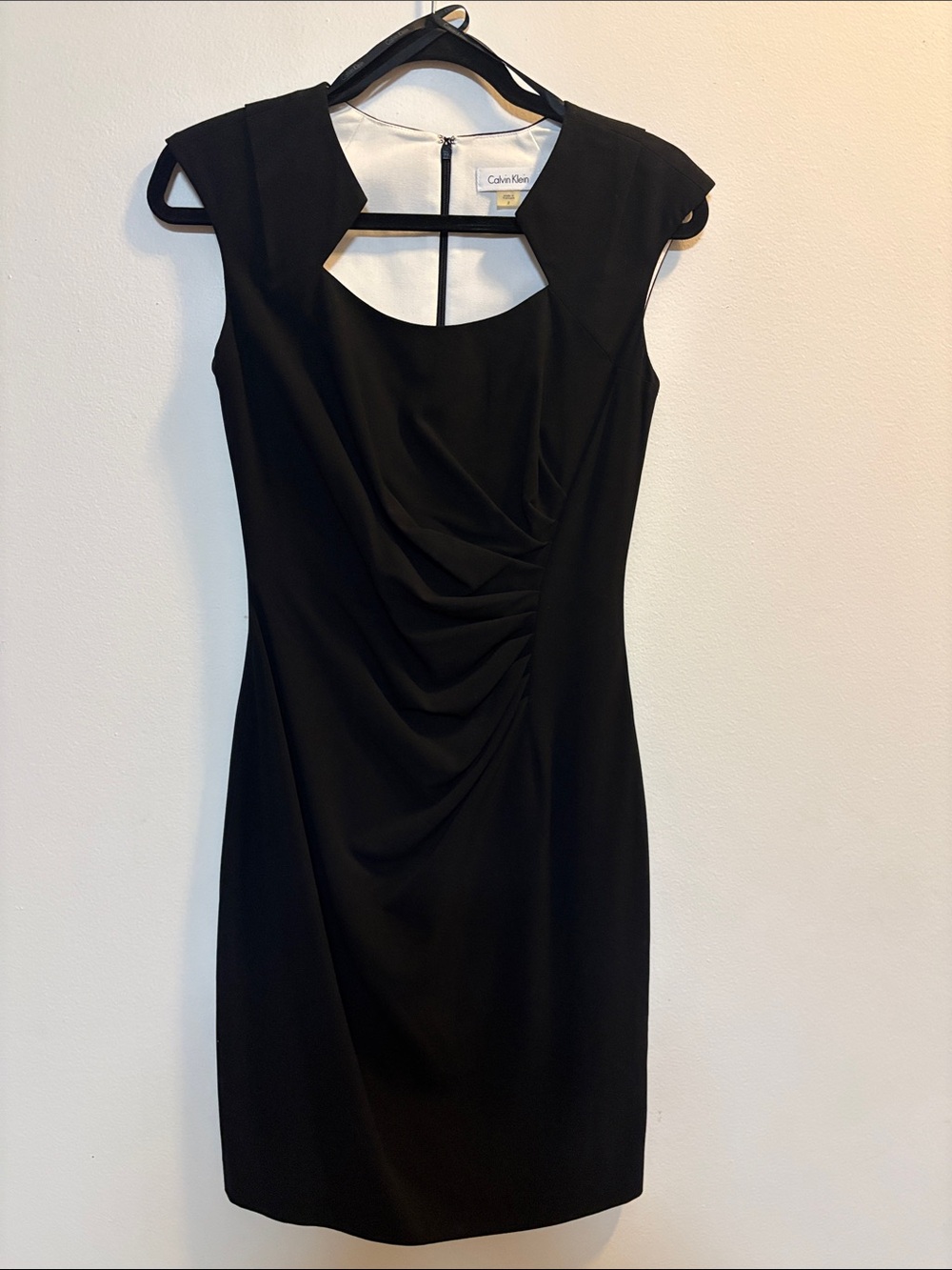 Calvin Klein Black Midi Sheath Dress with Front Drape and Cutout